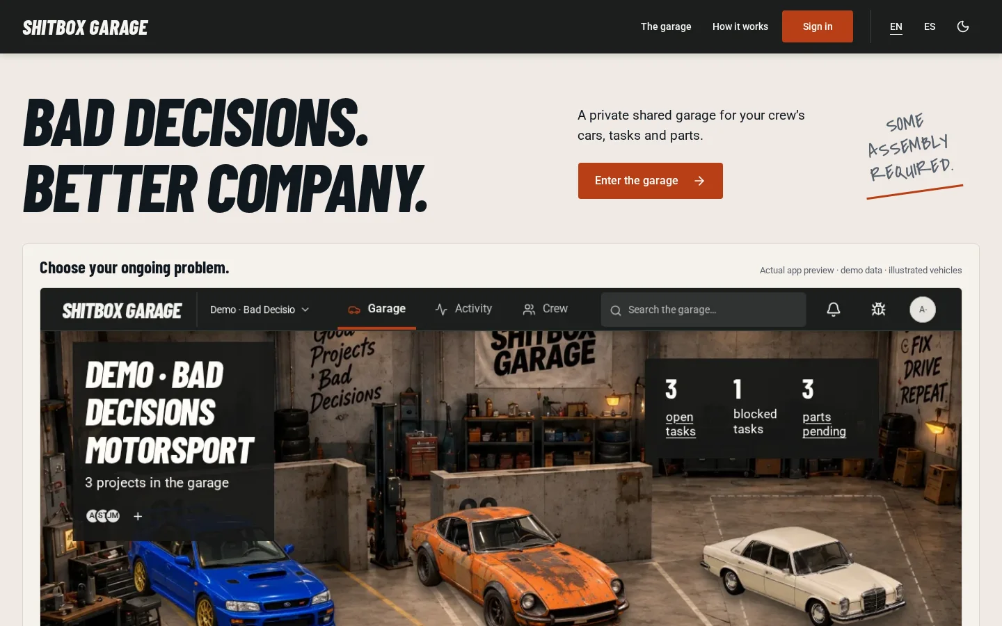 Shitbox Garage website for shared vehicle projects